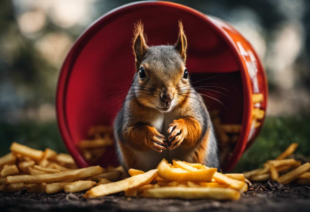 An image showcasing a squirrel surrounded by discarded French fries, their paws covered in grease, displaying signs of fatigue and stomach discomfort, emphasizing the detrimental impact of French fries on squirrels' overall health