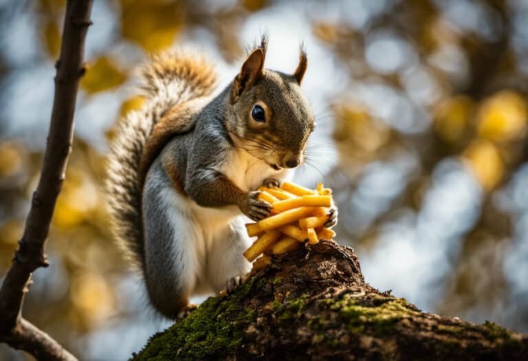 An image showcasing a curious squirrel perched on a tree branch, cautiously nibbling on a golden French fry