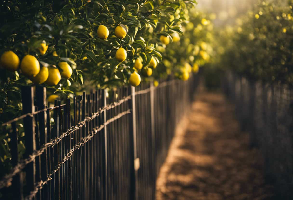 An image that depicts a tall, sturdy metal fence surrounding a thriving lemon tree, with tightly woven wire mesh and a locked gate