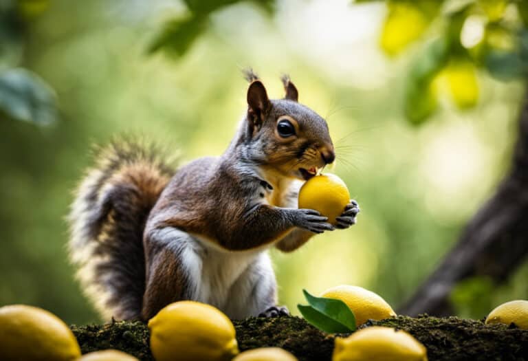 An image capturing the curiosity of a squirrel as it delicately nibbles on a vibrant, juicy lemon slice, its tiny paws grasping the fruit with a mix of caution and intrigue