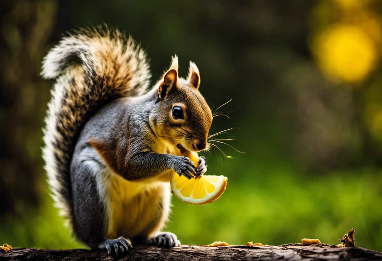 An image featuring a vibrant, close-up shot of a squirrel nibbling on a juicy lemon slice, showcasing its inquisitive eyes, sharp incisors, and the lemon's zesty yellow color