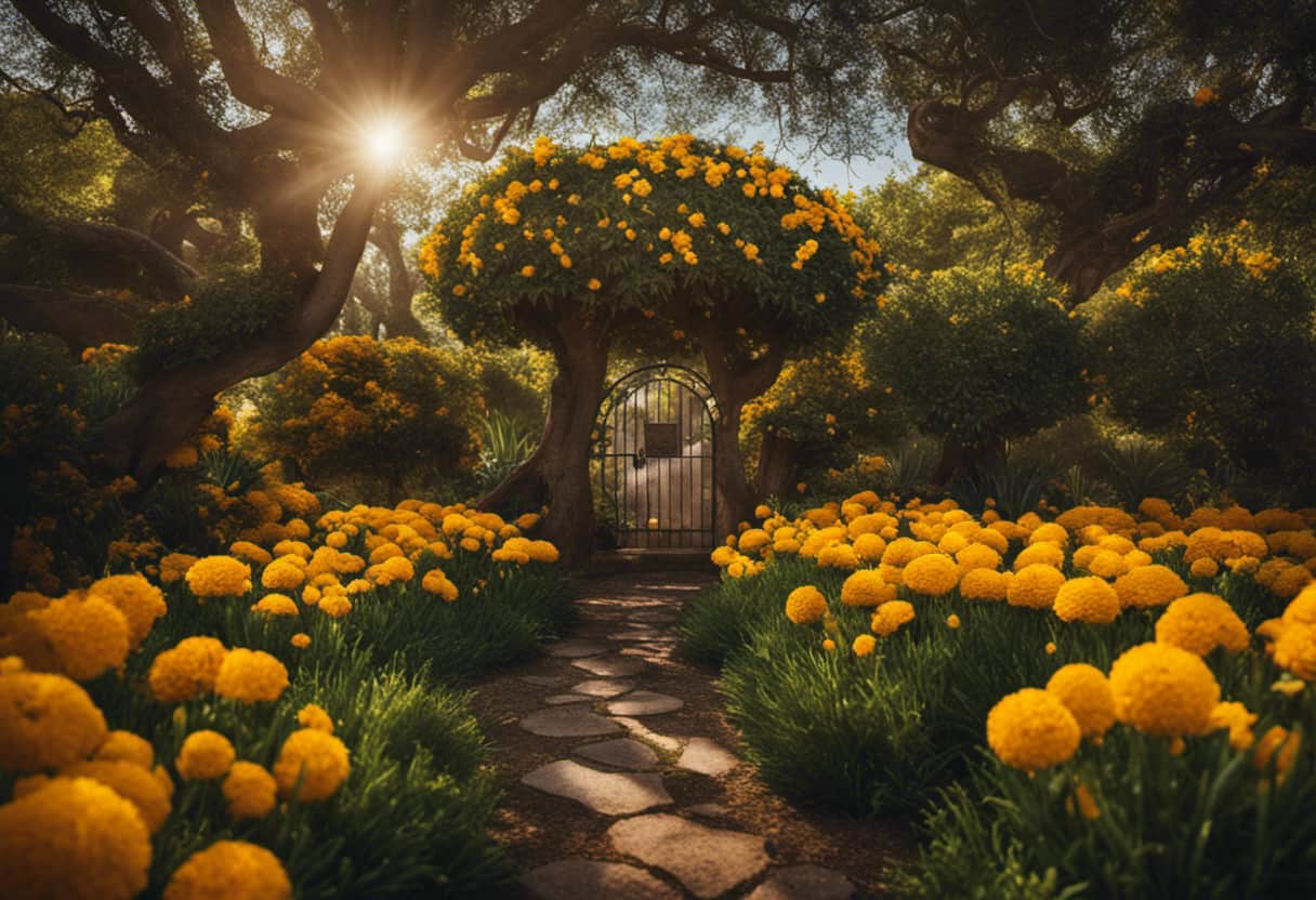An image showcasing a lush lemon tree surrounded by marigolds, rosemary, and daffodils, forming a harmonious garden