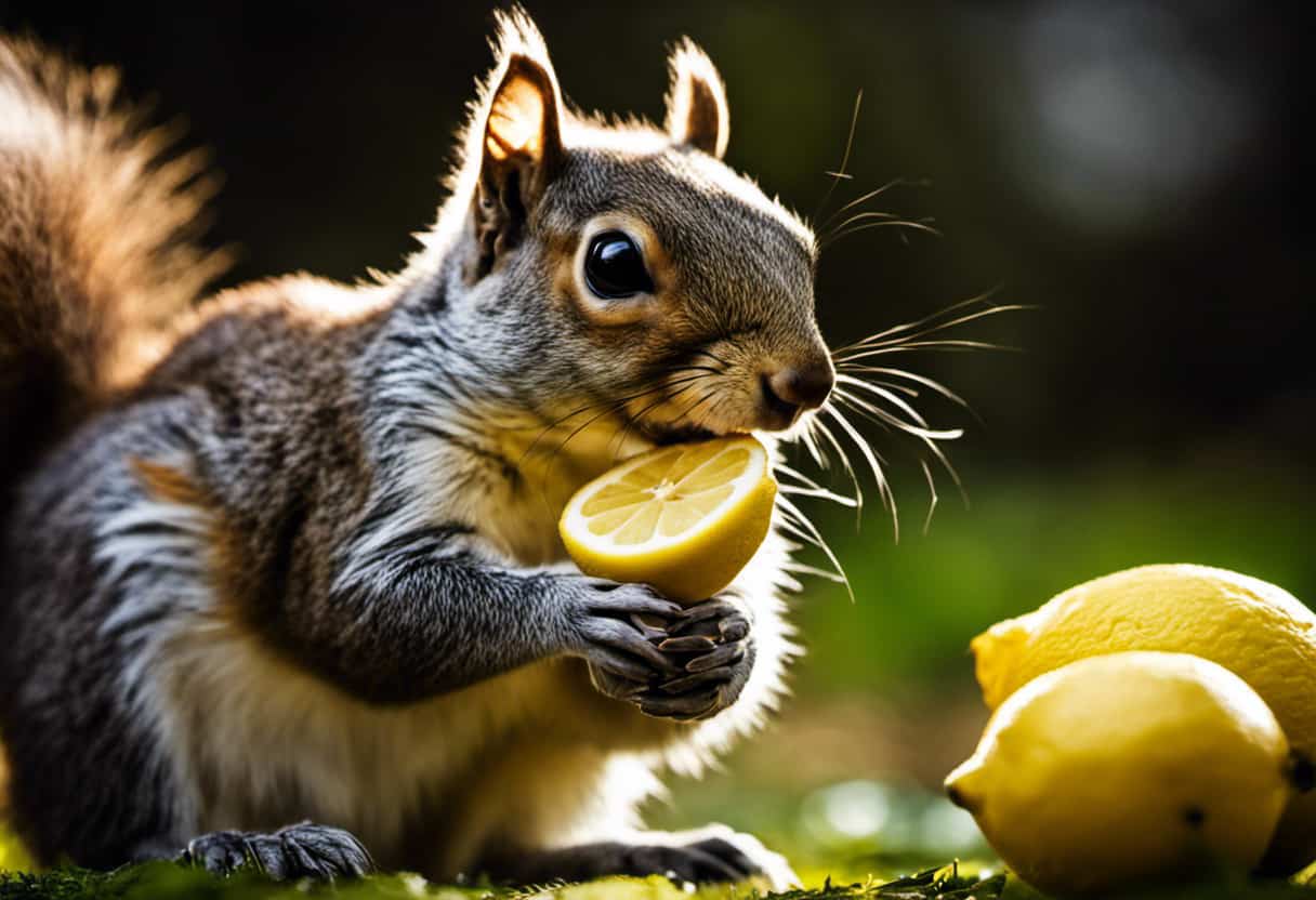 An image showcasing a curious squirrel cautiously nibbling on a fresh lemon slice, capturing the moment when its tiny paws curl in response to the tangy taste, illustrating the effects of lemon juice on squirrels