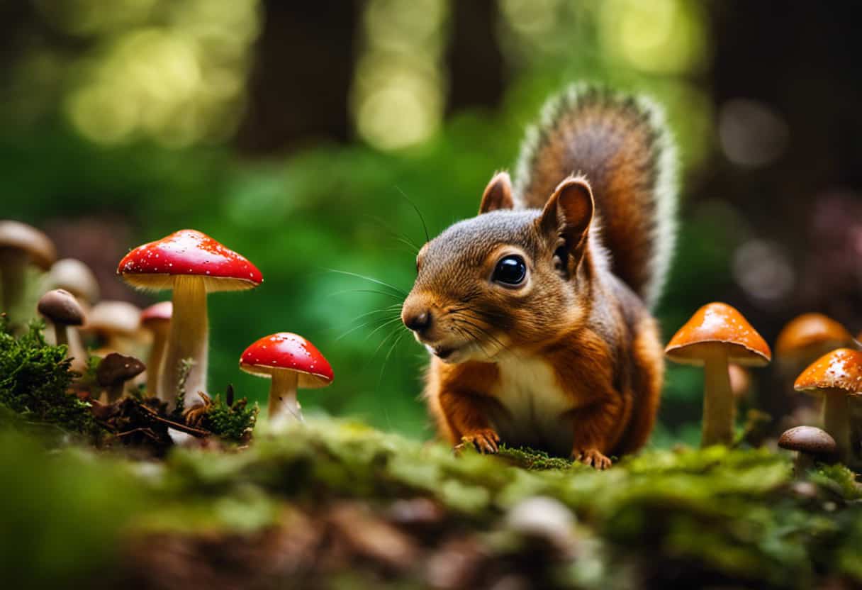 An image showcasing a curious squirrel perched near a vibrant assortment of mushrooms amidst a lush forest floor