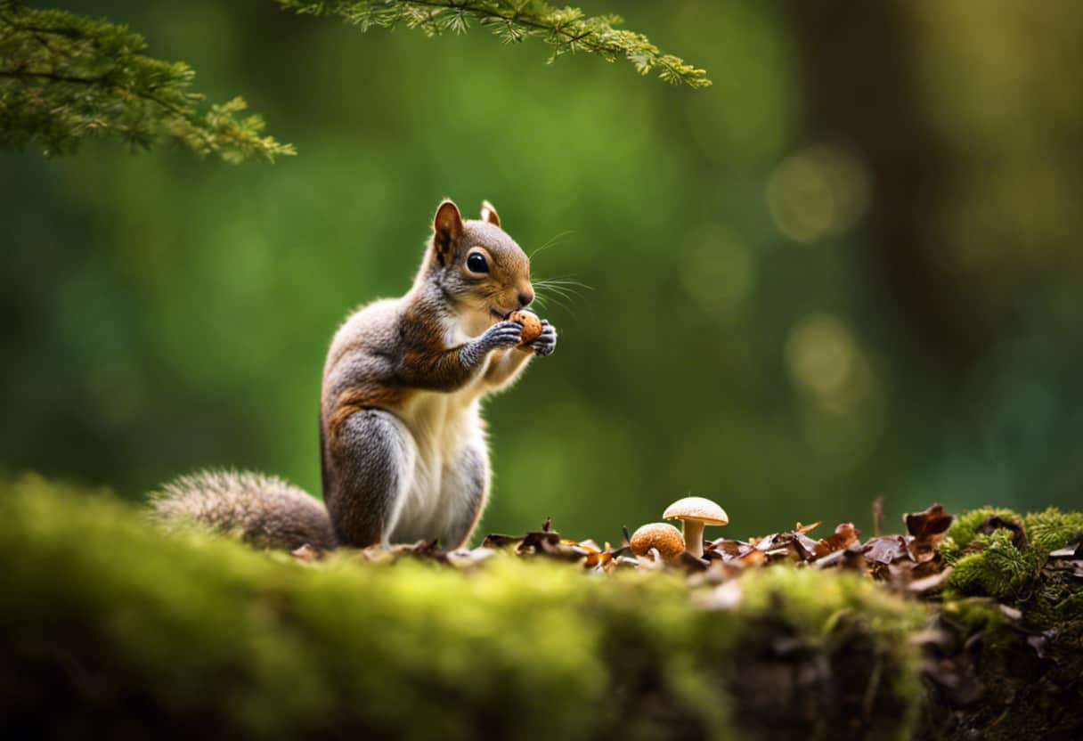 An image capturing a curious squirrel standing on its hind legs, delicately nibbling a mushroom held in its tiny paws