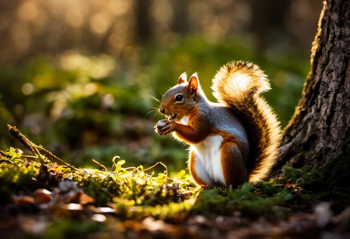 An image showcasing a vibrant woodland scene, with a curious squirrel cautiously nibbling on a plump, golden mushroom, while rays of sunlight filter through the dense foliage, highlighting the enchanting connection between squirrels and mushrooms
