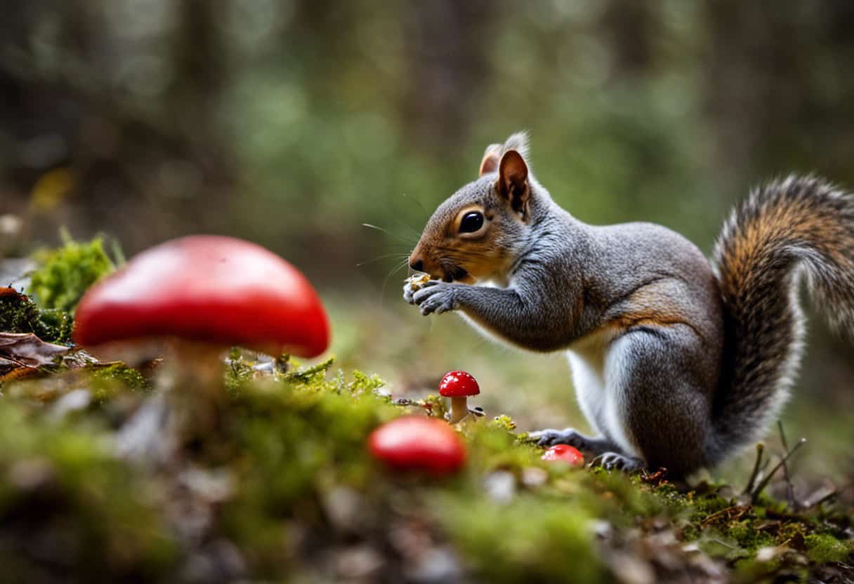An image showing a squirrel curiously sniffing a vibrant red mushroom, while nearby, a second squirrel recoils in fear, showcasing the contrasting emotions of curiosity and caution when it comes to mushrooms