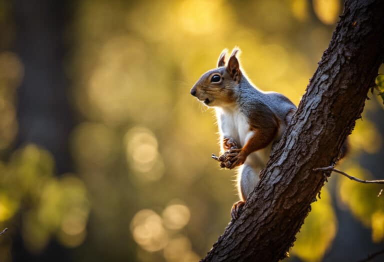 An image of a curious squirrel perched on a tree branch, delicately holding a pecan between its tiny paws