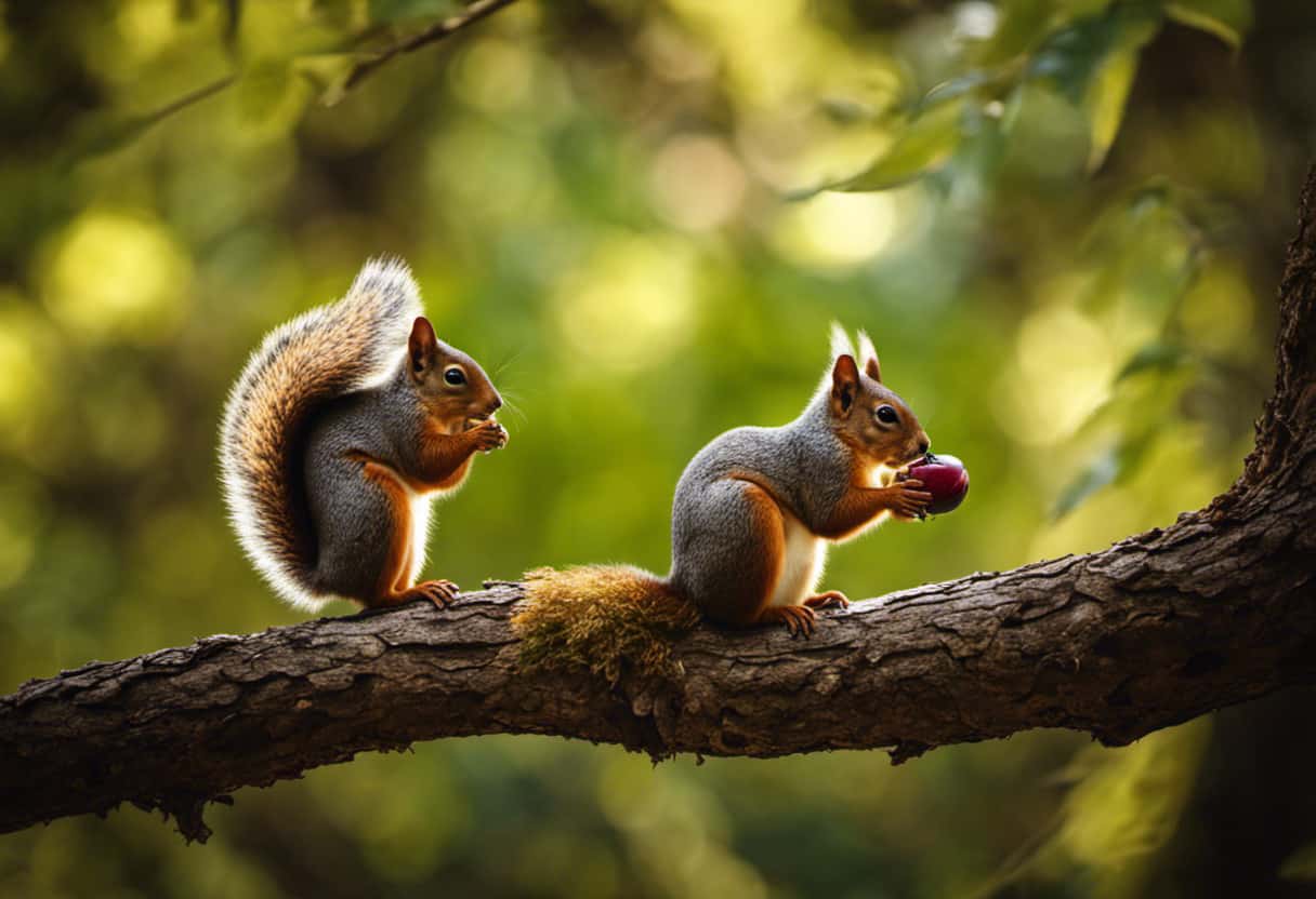An image showcasing a vibrant forest scene, with a curious squirrel perched on a tree branch, nibbling on a delicious pecan