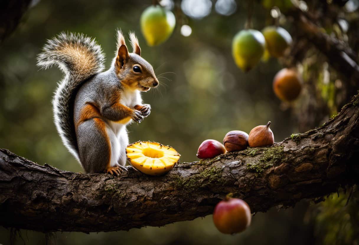 An image of a curious squirrel perched on a tree branch, delicately holding a pineapple slice in its tiny paws, while vibrant fruits and nuts surround it, showcasing the diverse diet of squirrels