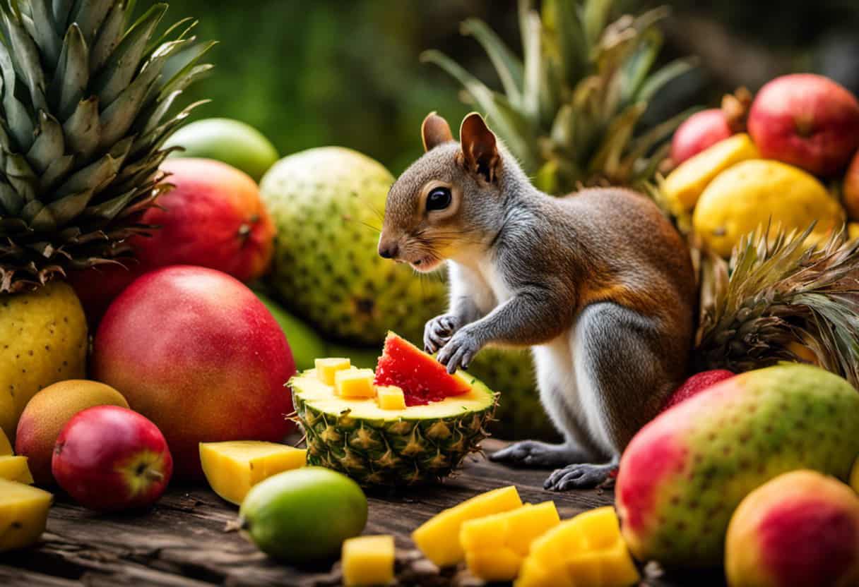 An image showcasing a vibrant scene of a squirrel nibbling on a juicy pineapple slice, surrounded by an array of colorful alternative fruits like mangoes, kiwis, and watermelons, highlighting their suitability for squirrels' nutritional requirements