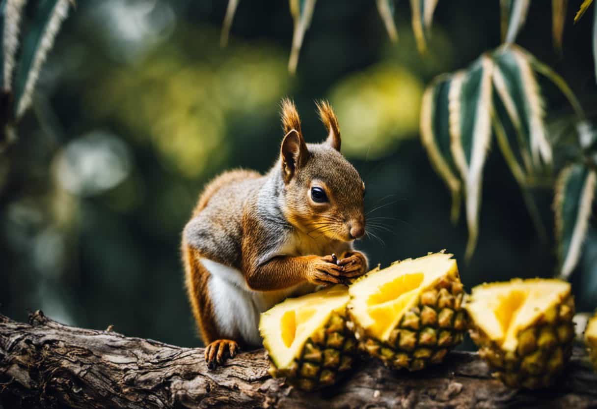 An image of a curious squirrel perched on a tree branch, delicately nibbling on a freshly sliced pineapple, showcasing its vibrant yellow flesh and juicy texture