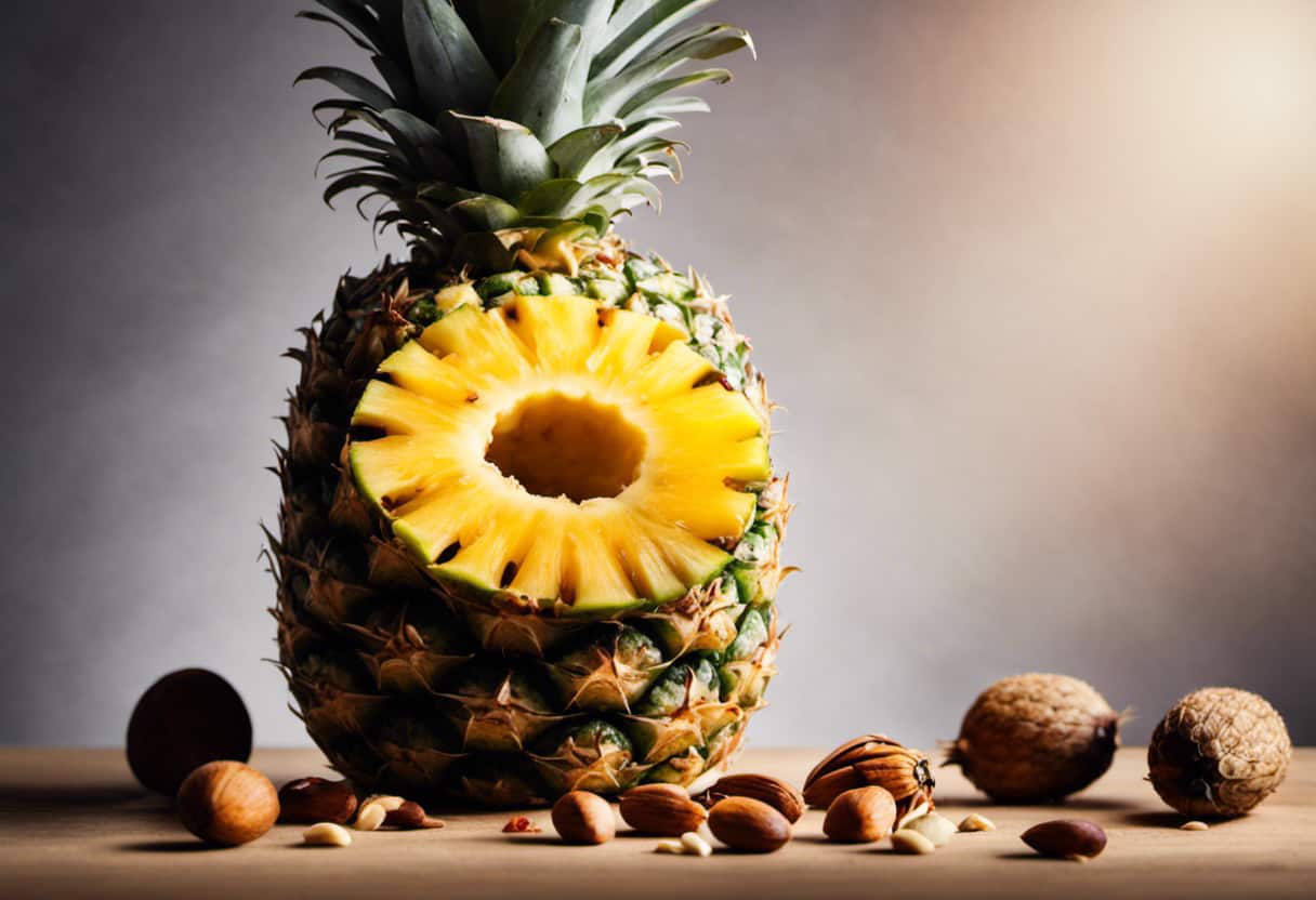 An image showcasing a vibrant pineapple slice delicately placed next to a scattering of various nuts, seeds, and berries