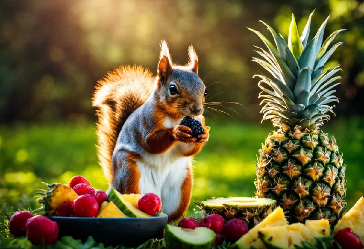 An image showcasing a squirrel nibbling on a juicy slice of pineapple placed alongside an assortment of other squirrel-friendly foods like nuts, berries, and leafy greens, emphasizing the importance of incorporating pineapple into a well-rounded squirrel diet