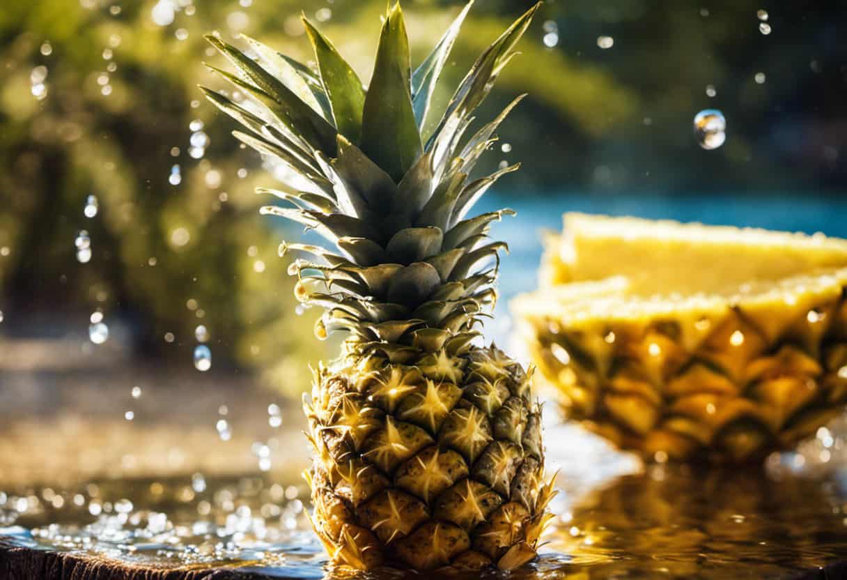 An image showcasing a vibrant pineapple slice surrounded by droplets of water, glistening in the sunlight