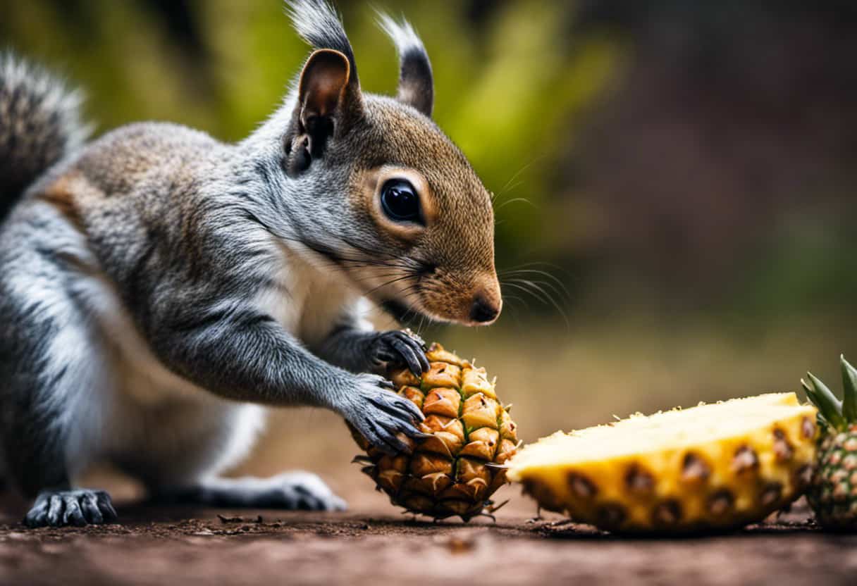 An image showcasing a person wearing protective gloves, gently offering a slice of pineapple to a squirrel
