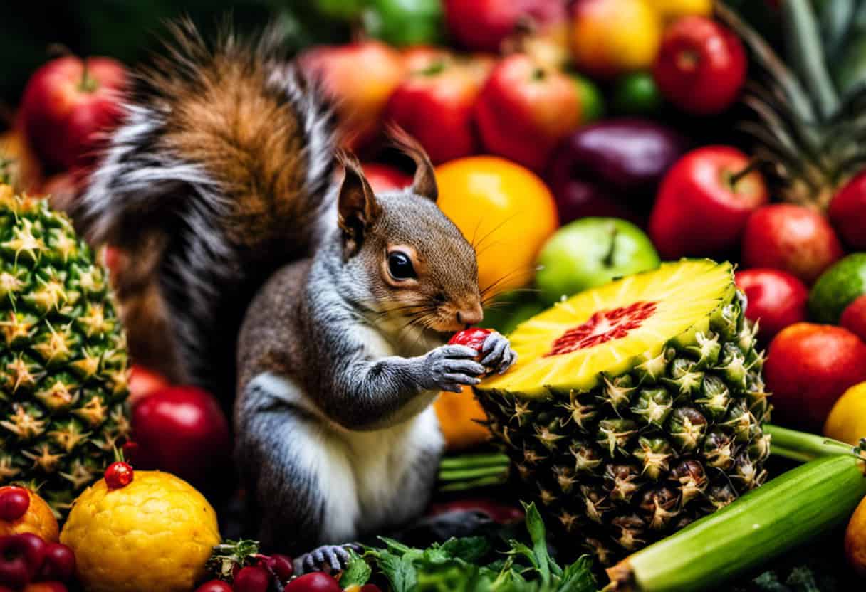 An image showcasing a curious squirrel nibbling on a pineapple slice, surrounded by a vibrant array of other fruits and vegetables