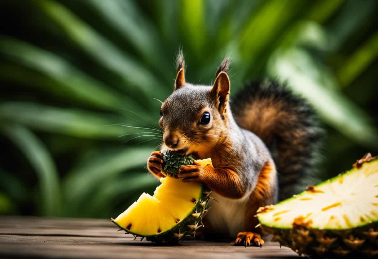An image showcasing a vibrant, close-up shot of a squirrel gracefully nibbling on a juicy slice of pineapple, highlighting the potential joint mobility support this tropical fruit may offer to our furry friends
