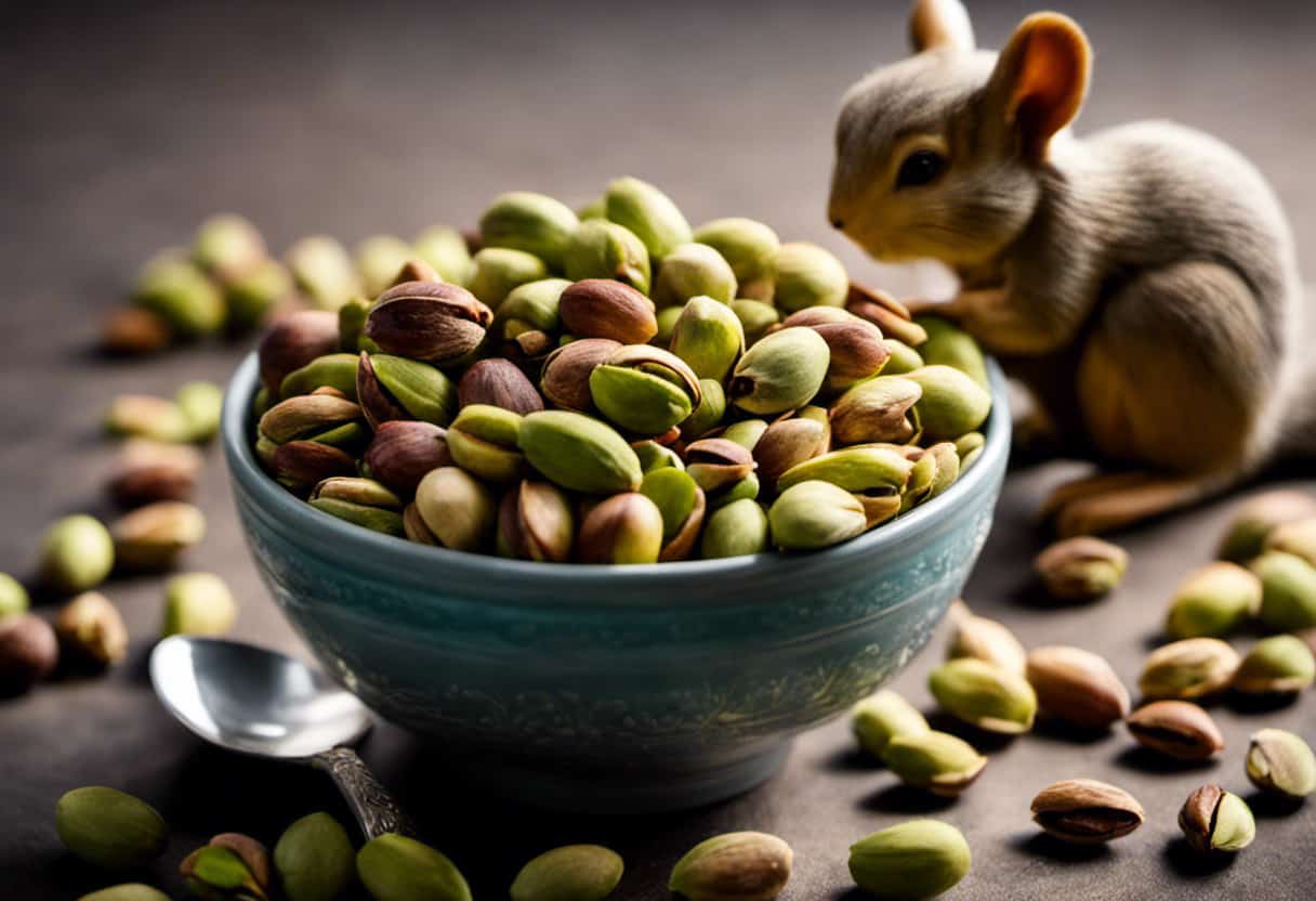 An image showcasing a vibrant mix of shelled pistachios meticulously arranged in a small bowl with a squirrel-friendly portion, accompanied by a miniature nutcracker and a delicate silver spoon