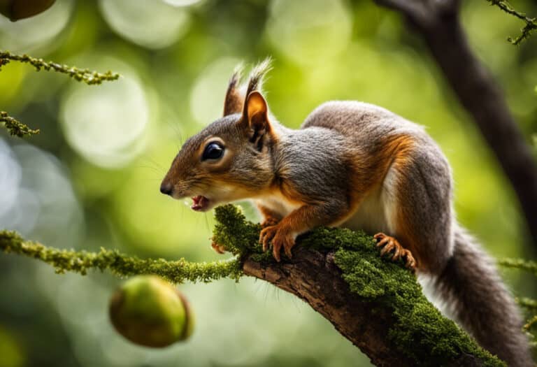 An image showcasing a curious squirrel perched on a tree branch, delicately cracking open a vibrant pistachio shell with its tiny paws, revealing the mouth-watering, green nut inside