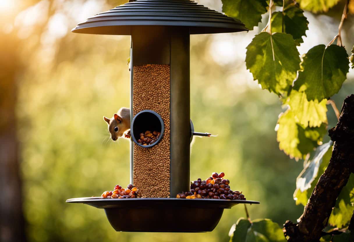 An image showcasing a lush backyard with a wooden bird feeder filled with raisins