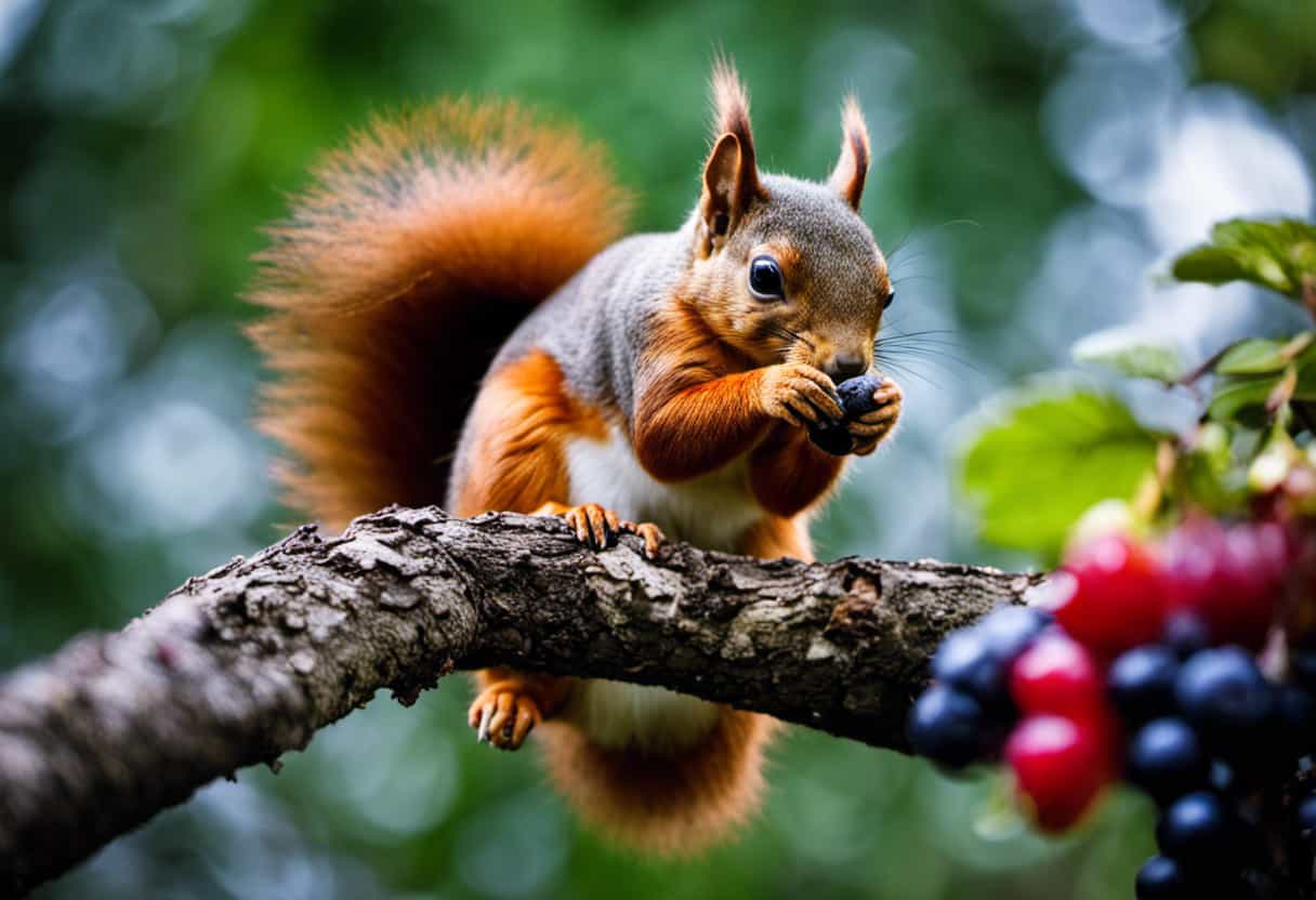 An image showcasing a squirrel perched on a tree branch, nibbling on a vibrant assortment of fresh berries, while a small pile of raisins lies untouched nearby
