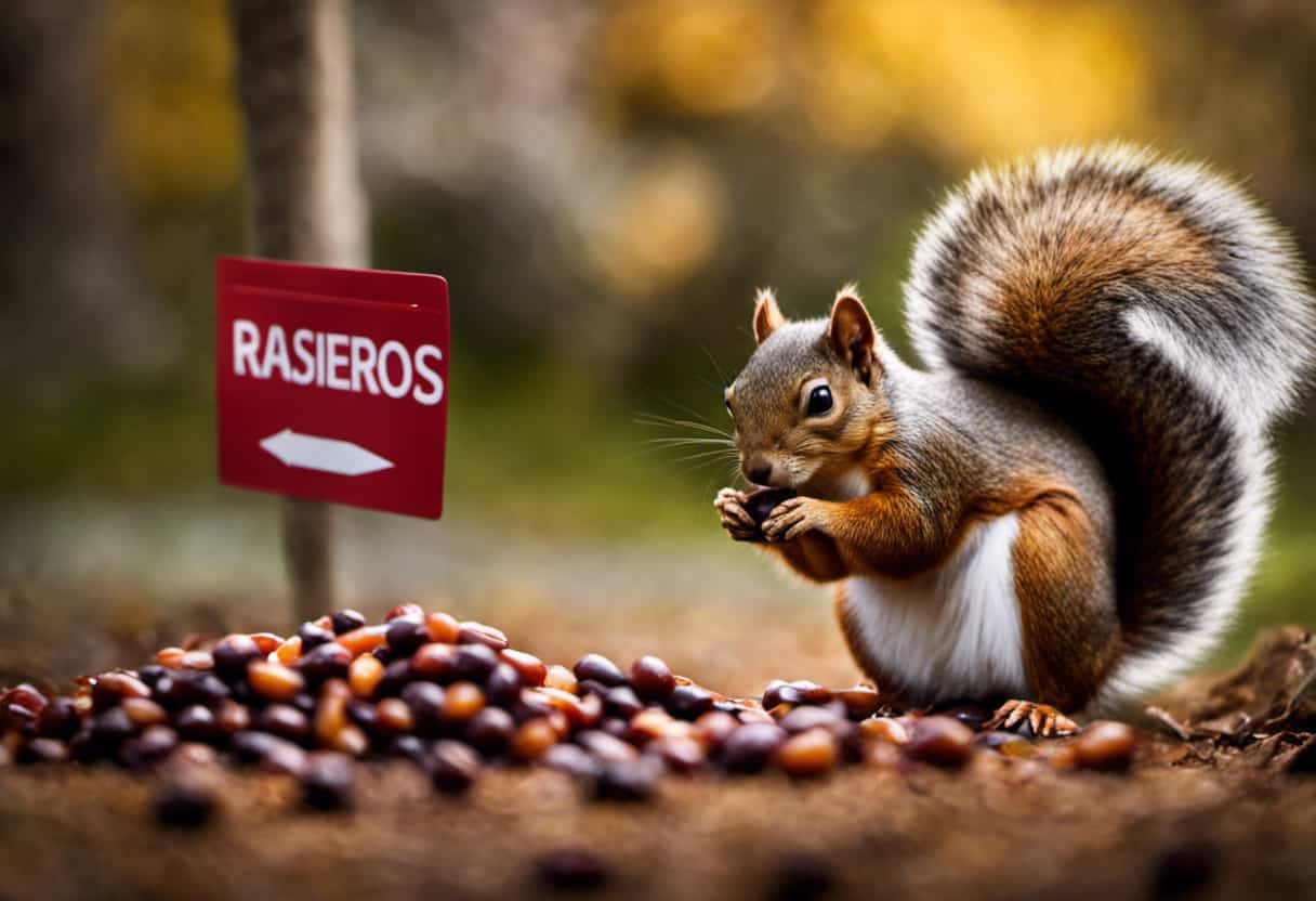 An image showcasing a mischievous squirrel cautiously reaching for a pile of raisins, while a warning sign with a crossed-out raisin symbol looms nearby, emphasizing the potential dangers and risks associated with feeding raisins to squirrels