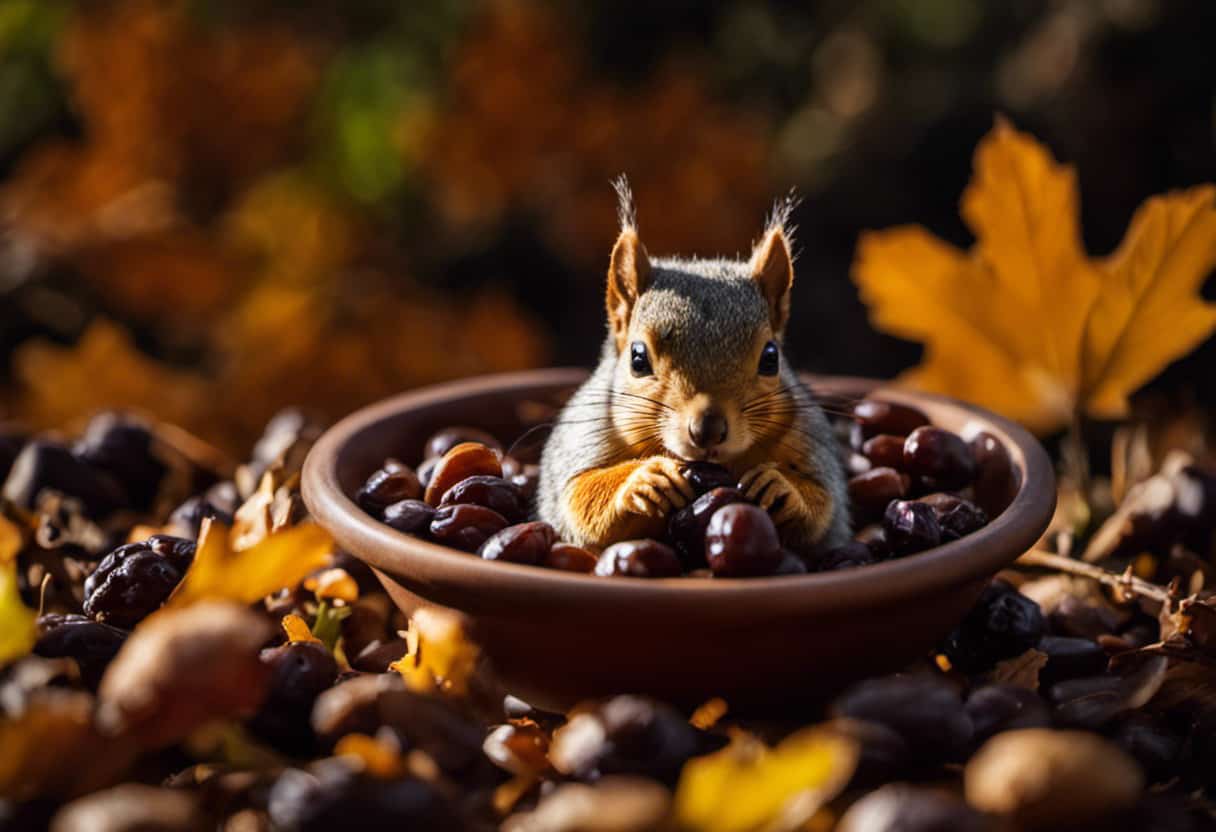 An image showcasing a squirrel-friendly feast: a small bowl filled with plump, sun-dried raisins, meticulously arranged in a neat row, surrounded by scattered twigs and leaves, awaiting the hungry squirrel's indulgence