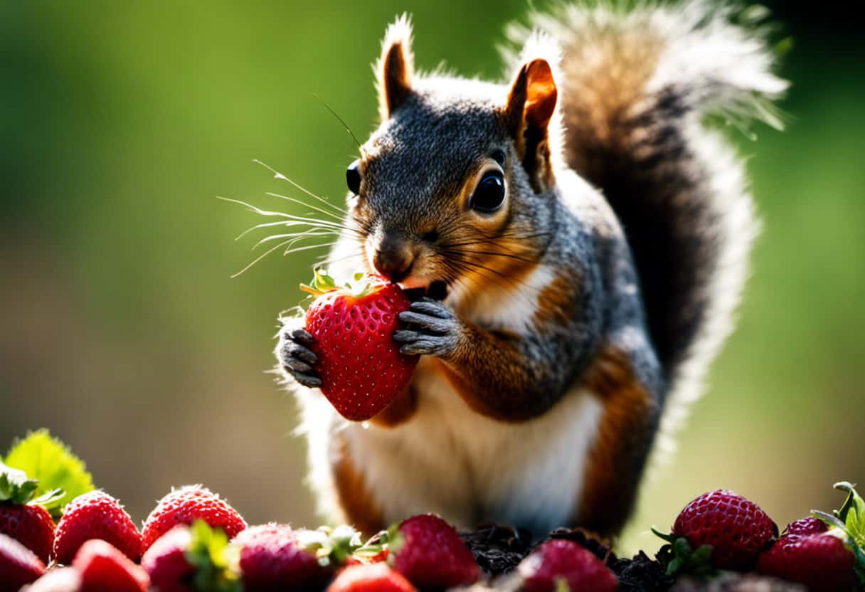 An image showcasing a close-up of a squirrel nibbling on a perfectly ripe strawberry, highlighting the safe ratio and size of strawberries, and emphasizing the importance of washing and removing the green tops before feeding