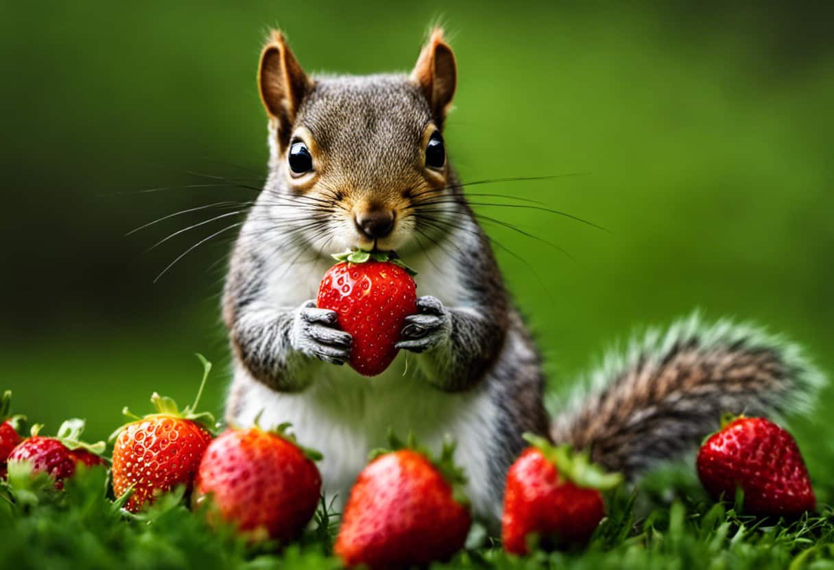 An image of a squirrel sitting on a lush green grass, holding a plump, ripe strawberry in its tiny paws
