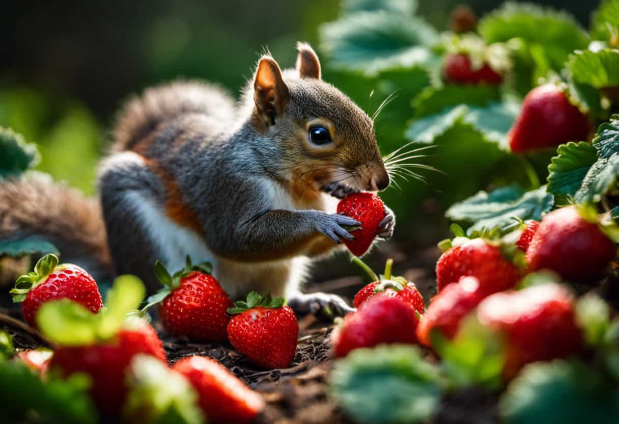 An image depicting a vibrant strawberry patch with a curious squirrel delicately nibbling a juicy red strawberry, showcasing the diverse dietary preferences of squirrels in their quest for sustenance