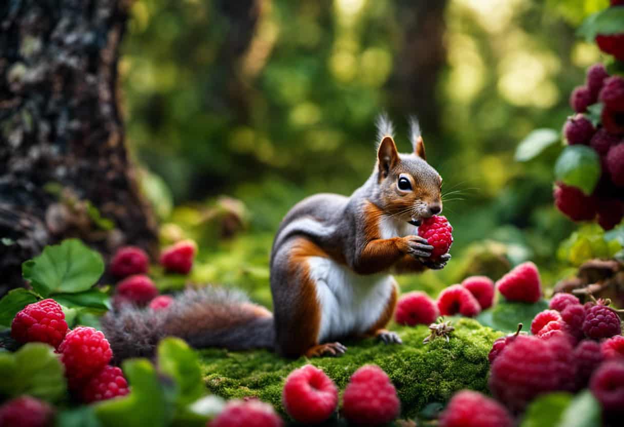 An image showcasing a squirrel in a lush forest, surrounded by a variety of vibrant fruits like raspberries, blueberries, and apples, inviting readers to explore alternative fruits beyond strawberries for their furry friends