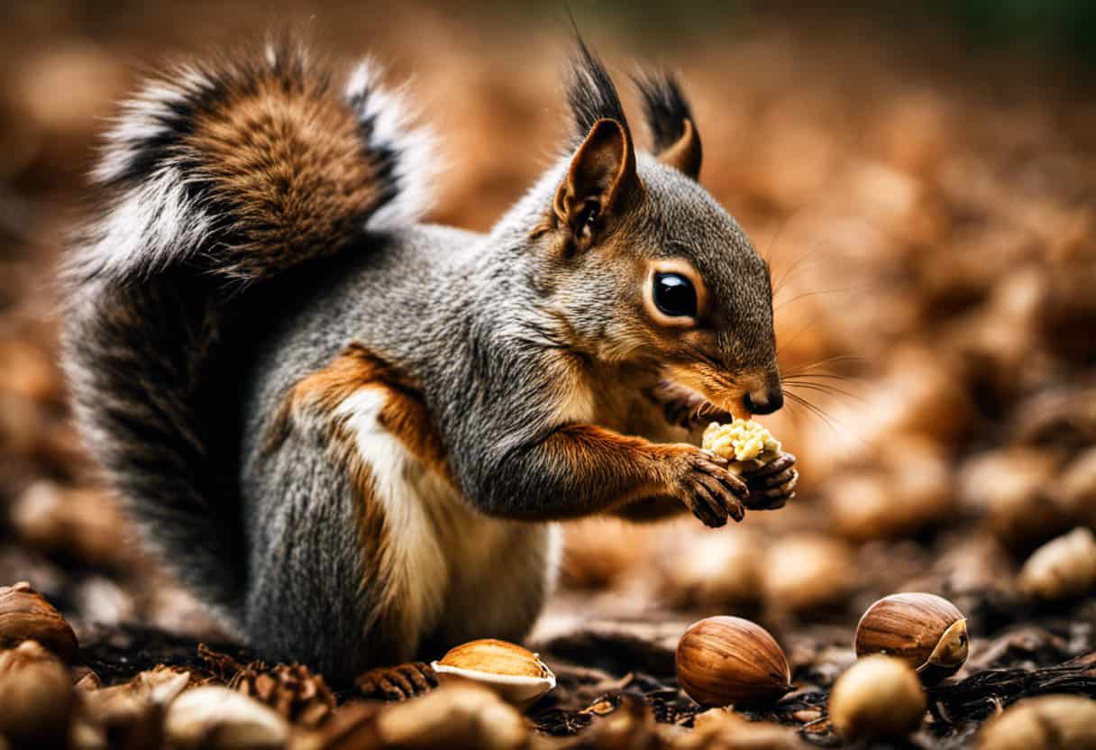 An image showcasing a cautious squirrel tentatively nibbling on a walnut, surrounded by discarded shells