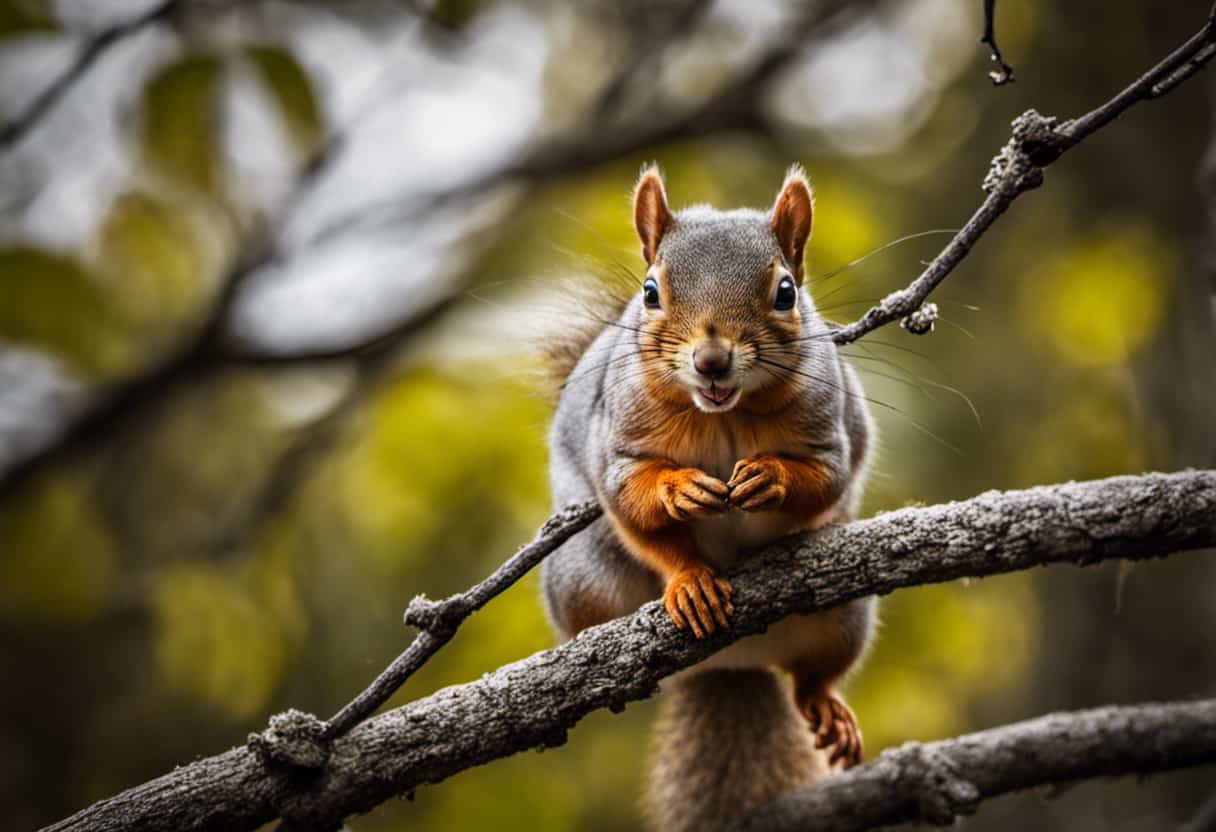 An image showcasing a smiling squirrel perched on a tree branch, delicately holding a cracked walnut in its tiny paws, while surrounded by a protective barrier of mesh wire to ensure safe feeding