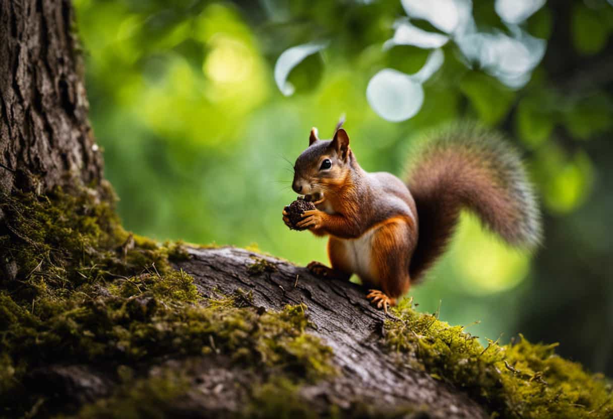 An image showcasing a vibrant, lush forest scene with a curious squirrel nibbling on a cracked walnut, emphasizing the health benefits