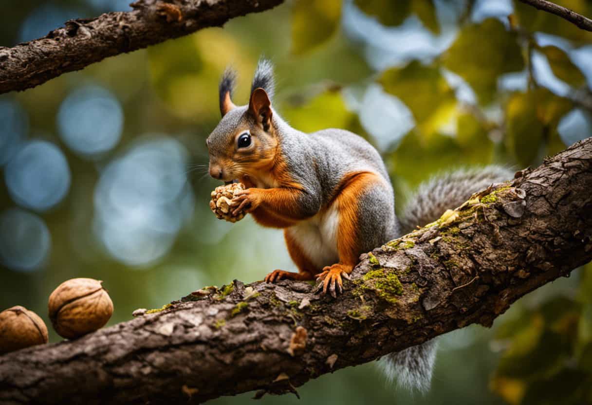 An image showcasing a vibrant squirrel perched on a tree branch, eagerly holding a cracked walnut shell between its paws, surrounded by scattered walnut pieces, highlighting the rich nutritional value of walnuts for squirrels