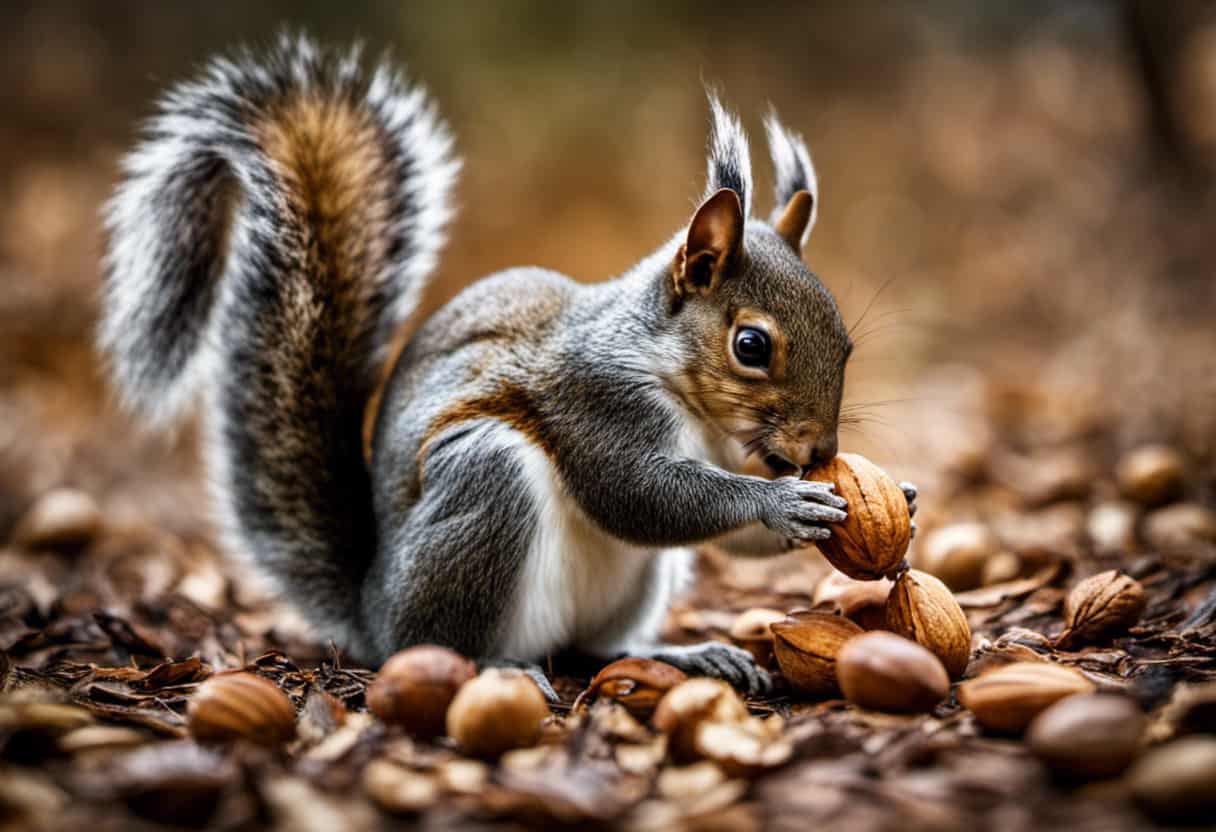 An image showcasing a variety of nuts like almonds, pecans, and hazelnuts, scattered around a content squirrel