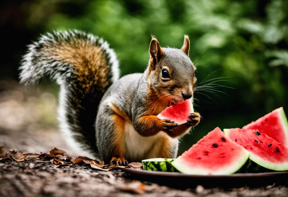 An image of a squirrel cautiously nibbling on a slice of watermelon, with a worried expression on its face