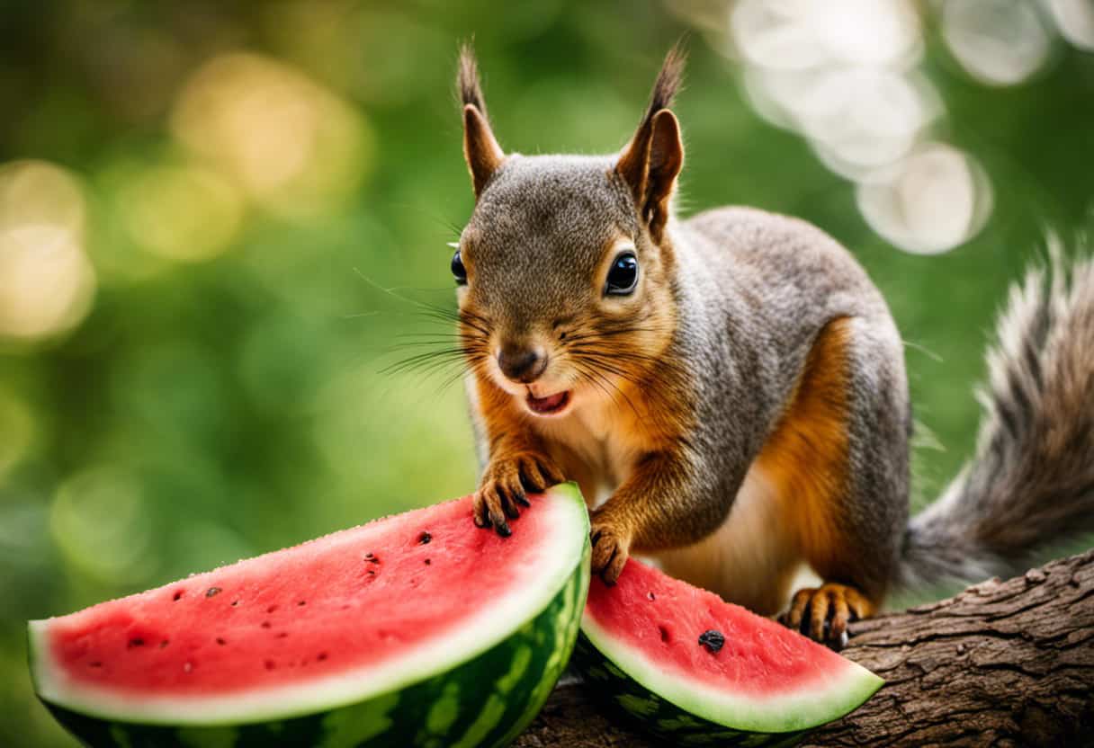 An image showcasing a cute squirrel perched on a tree limb, happily nibbling on a juicy slice of watermelon