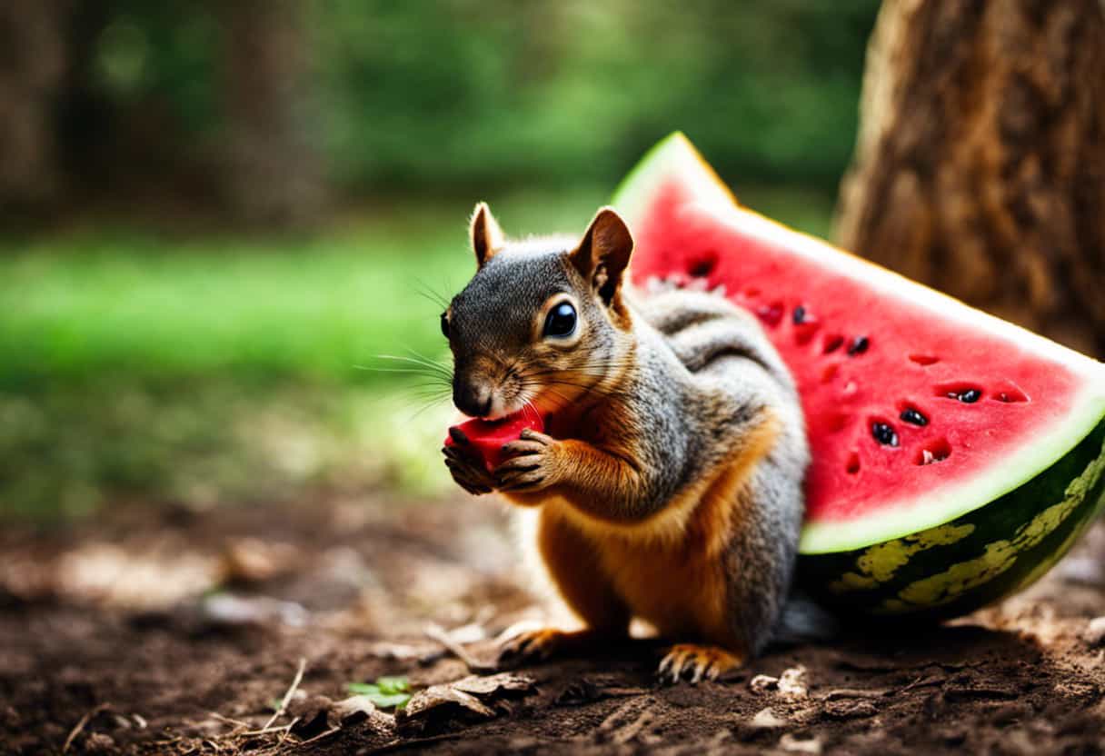 An image showcasing a vibrant watermelon slice gently placed near a curious squirrel, capturing the delightful moment as it nibbles on the juicy fruit, highlighting the potential inclusion of watermelon in a squirrel's daily diet