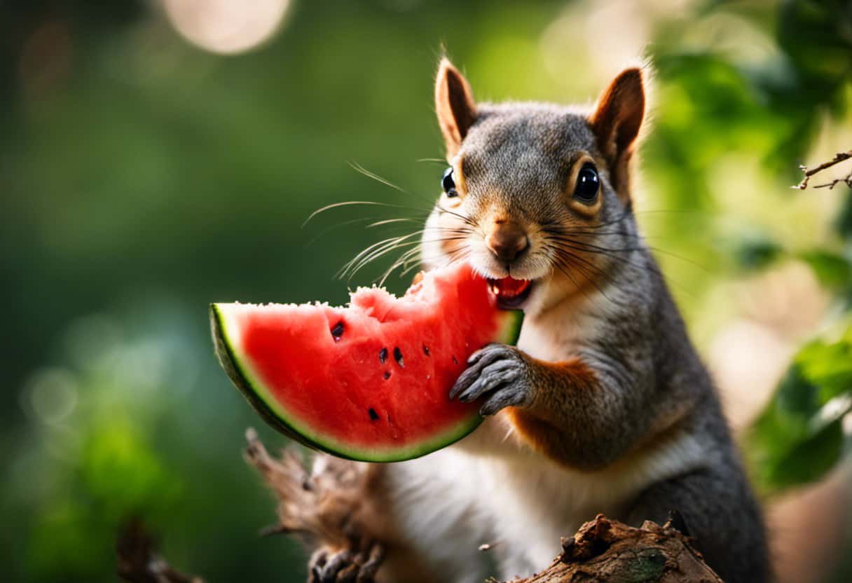 An image featuring a playful squirrel perched on a tree branch, eagerly nibbling on a juicy slice of watermelon, showcasing the bright red flesh contrasting against its fluffy fur