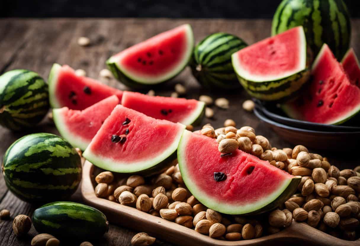 An image that showcases a vibrant, juicy watermelon sliced into bite-sized pieces, scattered on a wooden tray alongside a small bowl of fresh, unshelled peanuts, inviting squirrels to feast on this delightful summer treat