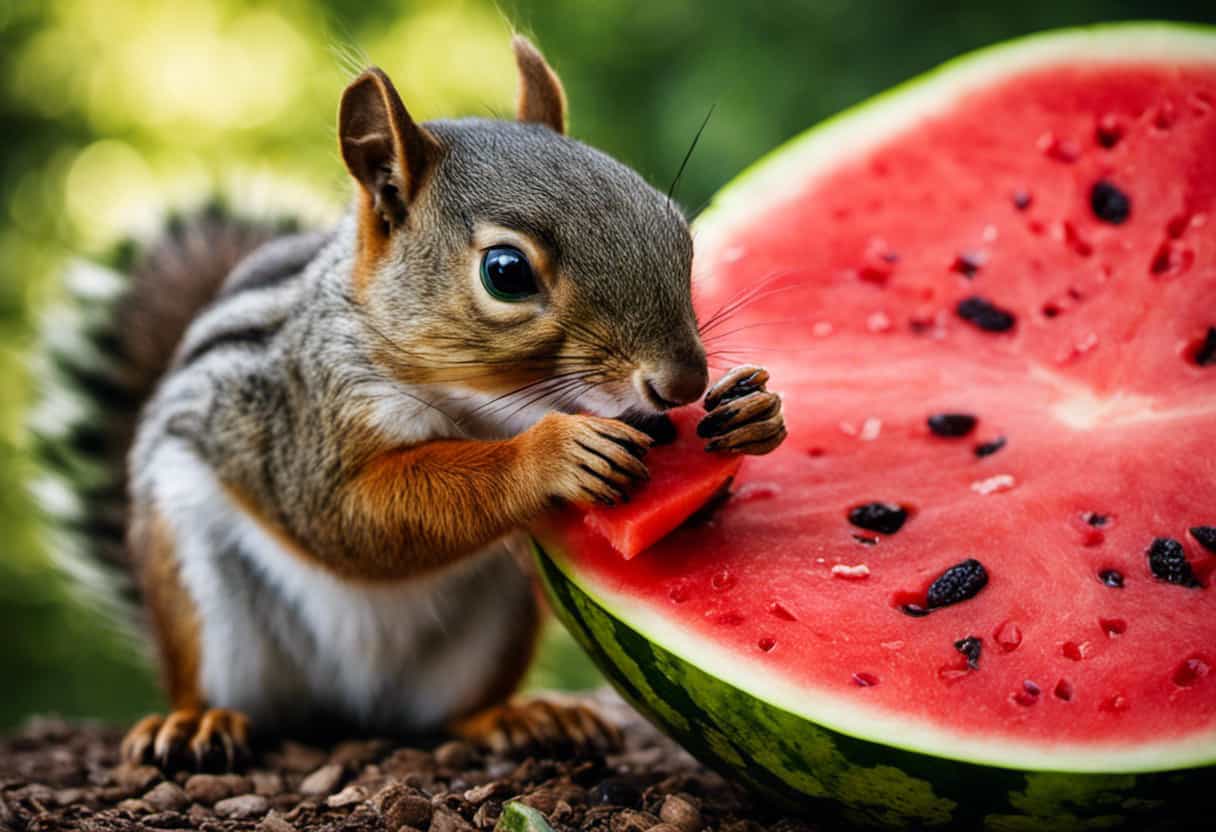 An image capturing the delightful moment of a vibrant red watermelon slice being eagerly devoured by a nimble squirrel, showcasing the intricate details of the squirrel's paws and teeth, and the juicy flesh of the watermelon