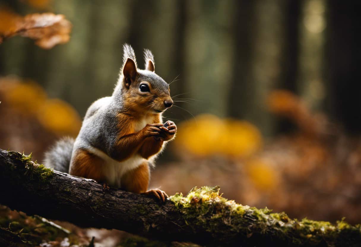 An image capturing the essence of squirrels' retreat and return behavior when approached, showcasing their keen senses amidst a vibrant forest backdrop