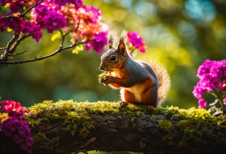 An image featuring a vibrant forest landscape with a curious squirrel perched on a tree branch, surrounded by an assortment of colorful flowers, while the sun casts a spectrum of hues through the foliage