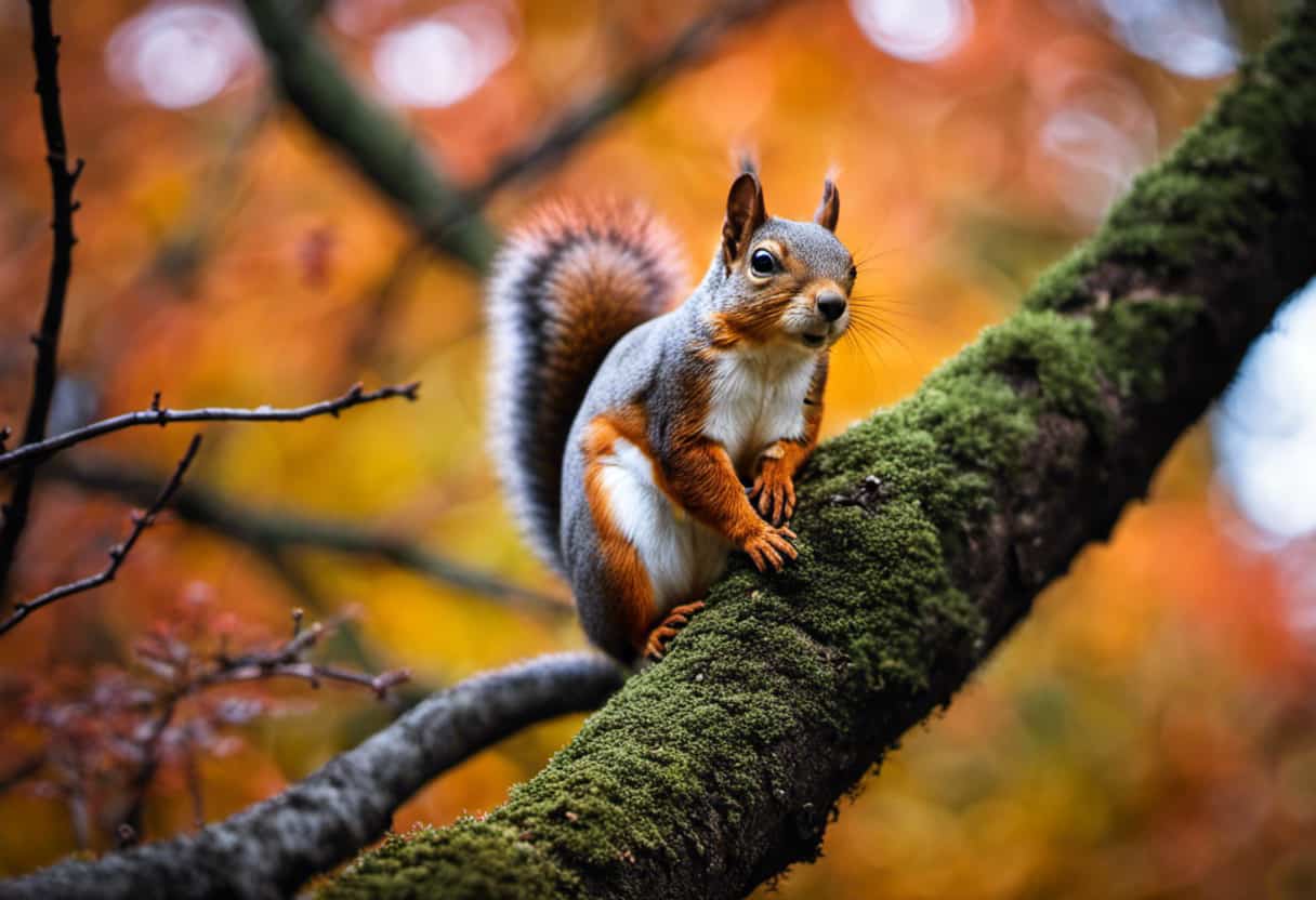 An image showcasing a squirrel perched on a vibrant tree branch, surrounded by a forest backdrop