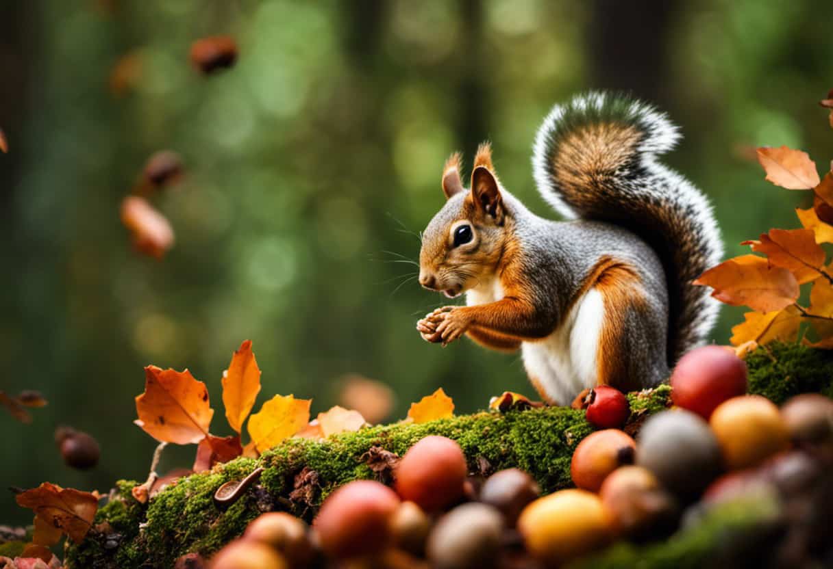 An image of a squirrel perched on a tree branch, its keen eyes fixated on a vibrant array of acorns scattered below
