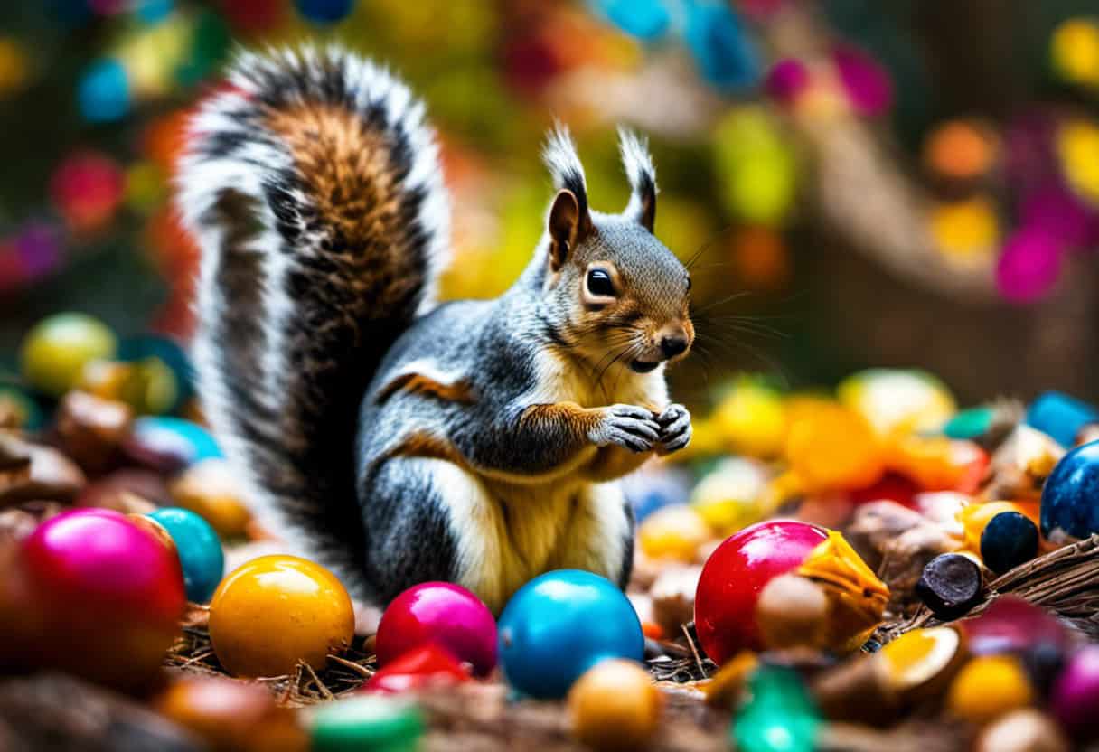 An image depicting a squirrel surrounded by an array of vibrant colored objects, carefully examining each one with curiosity and focus, showcasing the behavioral test of color selection in squirrels