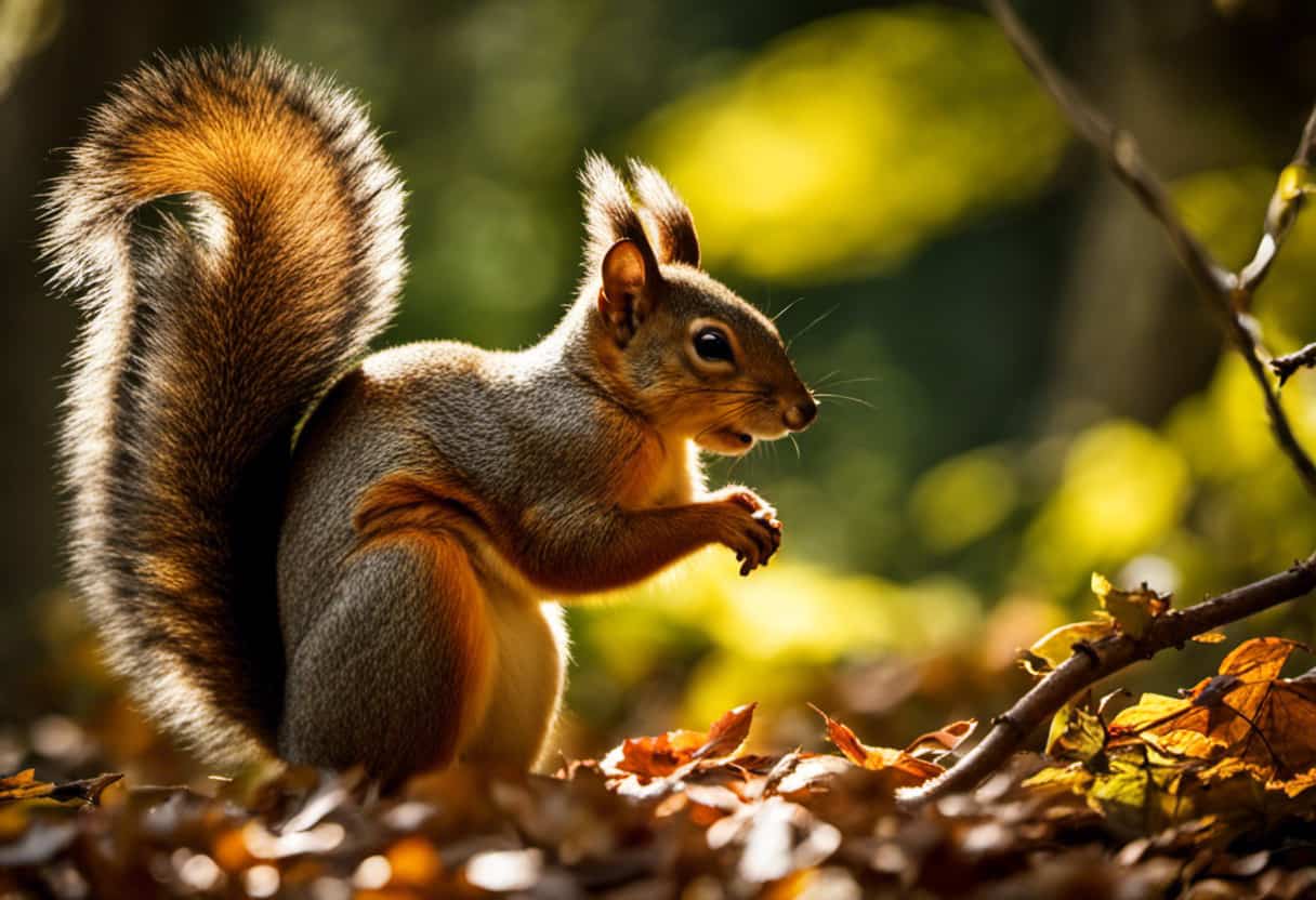 An image capturing the essence of daytime squirrel activities: a vibrant forest scene basking in golden sunlight, squirrels energetically scampering along branches, foraging for food, and engaging in playful chases, all against a backdrop of lush foliage