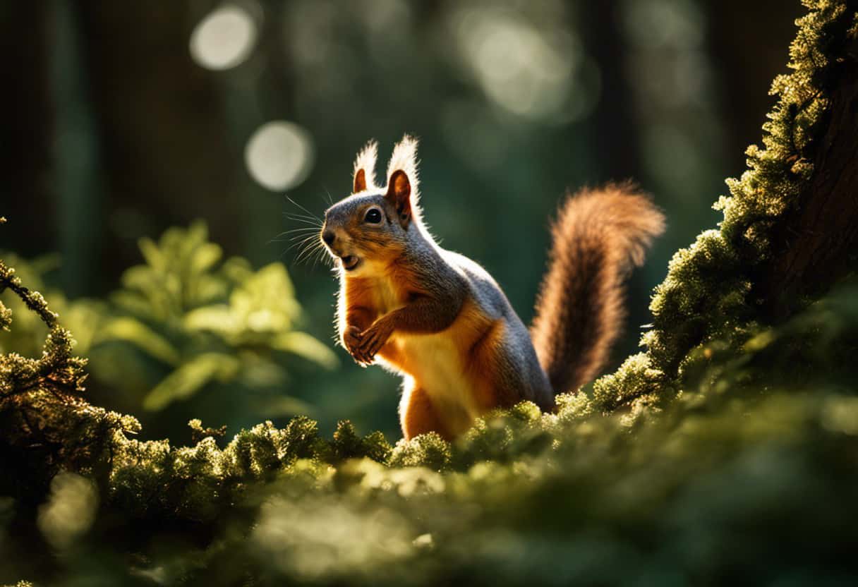 An image showcasing two contrasting scenes: a vibrant daytime forest with a playful diurnal squirrel leaping among sunlit branches, juxtaposed with a moonlit nocturnal forest where a shadowy squirrel cautiously navigates through darkened foliage